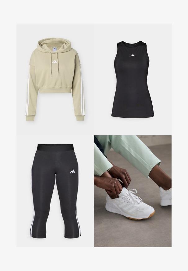 Béžová cropovaná mikina s kapucňou s bielym logom Adidas na hrudi a tromi bielymi pruhmi vedúcimi po každom rukáve, vybavená kapucňou so sťahovacou šnúrkou.; Čierny bezrúškový športový top z hladkej látky. Disponuje okrúhlym výstrihom a malým bielym logom Adidas na hrudi.; Čierne capri legíny s širokým pásom, so bielymi bočnými pruhmi a bielym logom Adidas na ľavom stehne. Hladká textúra.; Biele športové topánky s hornou časťou z sieťoviny, gumovou podrážkou a dizajnom so tromi prúžkami. Šnúrky sa upravujú; viditeľné svetlošedé a mätovo zelené oblečenie.