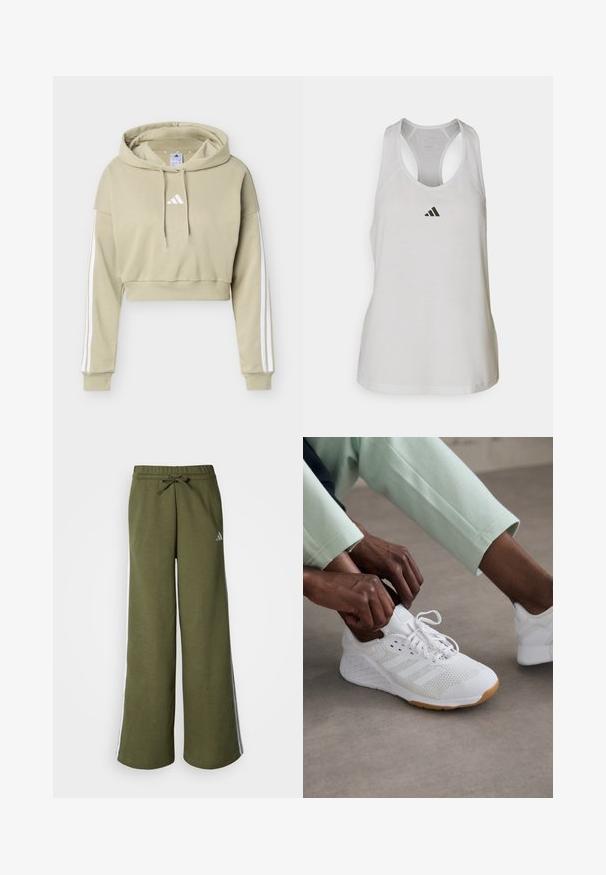 Sweat à capuche court beige avec logo Adidas blanc sur la poitrine et trois bandes blanches courant le long de chaque manche, doté d'une capuche à cordon.; Débardeur de sport blanc en tissu léger avec un dos nageur et un petit logo noir sur la poitrine.; Joggers vert olive à jambes larges en tissu doux, avec une taille à cordon de serrage et des bandes latérales blanches. Logo Adidas en argent.; Chaussure de sport blanche avec une tige en maille, semelle en caoutchouc et un design à trois bandes. Les lacets sont en train d'être ajustés ; des vêtements gris clair et vert menthe sont visibles.