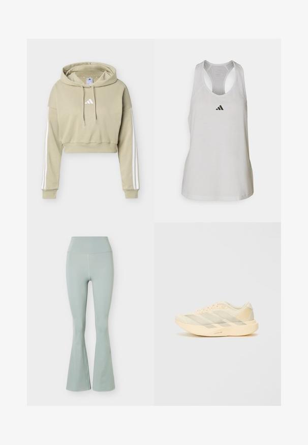 Μπεζ cropped φούτερ με λευκό λογότυπο Adidas στο στήθος και τρεις λευκές ρίγες σε κάθε μανίκι, με κουκούλα και κορδόνι.; Λευκή αθλητική αμάνικη μπλούζα φτιαγμένη από ελαφρύ ύφασμα, με σχέδιο racerback και ένα μικρό μαύρο λογότυπο στο στήθος.; Φωτεινά πράσινα κολάν με ψηλή μέση και καμπυλωτό σχέδιο στο πόδι, χωρίς ραφές εμπρός και με λεία υφή υφάσματος σε απλό φόντο.; Ελαφρύ αθλητικό παπούτσι σε ανοιχτό κίτρινο και κρέμα, με υφή πλέγματος στο άνω μέρος, τρεις διαγώνιες ρίγες και χοντρή σόλα με λεπτομέρεια "LIGHTSTRIKE PRO".