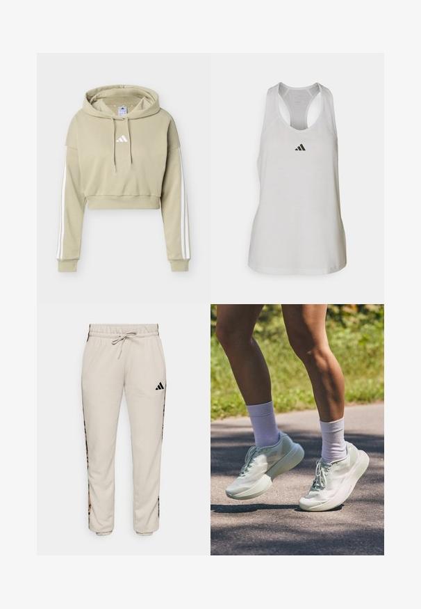 Béžová cropovaná mikina s kapucňou s bielym logom Adidas na hrudi a tromi bielymi pruhmi vedúcimi po každom rukáve, vybavená kapucňou so sťahovacou šnúrkou.; Biely športový tielko vyrobené z ľahkej tkaniny, so športovým strihom a malým čiernym logom na hrudi.; Svetlobéžové tepláky vyrobené z mäkkej tkaniny, s pásom na šnúrku a čiernymi bočnými panelmi s leopardím vzorom.; Svetlo mentolové športové topánky s hladkým povrchom, zaoblenou špicou a tlustou podrážkou. Spárované s bielymi členkovými ponožkami, zobrazené v pohybe na ceste.