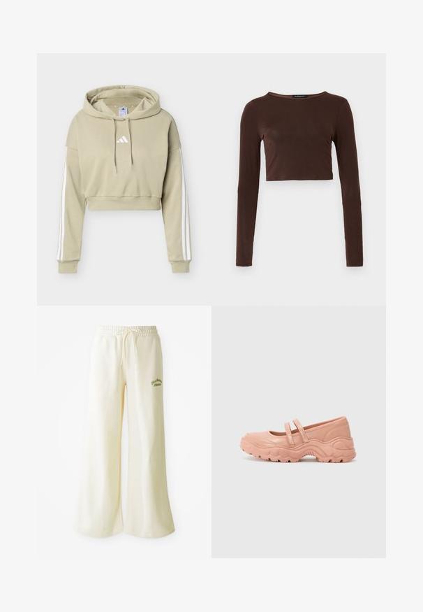 Beige cropped hættetrøje med hvid Adidas-logo på brystet og tre hvide striber ned langs hver ærme, med snørrelukning i hætten.; Brun langærmet cropped top lavet af glat materiale, med en rund halsudskæring og tætsiddende design. Ingen synlige mønstre eller accenter.; Cremefarvede sweatpants med vide ben, elastisk talje og justerbar snor. Broderet grønt "Athletic" tekst foran. Blødt materiale.; Lyserøde læder Mary Jane-sko med to remlukninger, kraftig gummisåle, afrundet tå, let shiny finish og tekstureret bølgemønster på sålen.