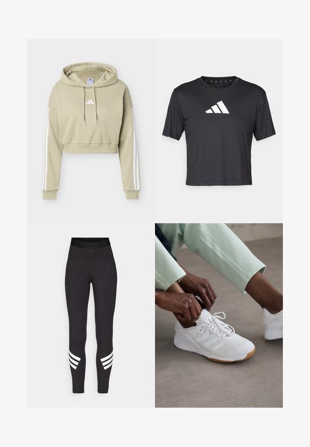 Μπεζ cropped φούτερ με λευκό λογότυπο Adidas στο στήθος και τρεις λευκές ρίγες σε κάθε μανίκι, με κουκούλα και κορδόνι.; Μαύρο κοντό μπλουζάκι φτιαγμένο από λεία ύλη, διαθέτει λευκό λογότυπο Adidas στο στήθος, στρογγυλή λαιμόκοψη και κοντά μανίκια.; Μαύρα κολάν από ελαστικό ύφασμα, με φαρδύ κορδόνι στη μέση και τρεις λευκές οριζόντιες ρίγες κοντά στους κάτω πήχεις.; Λευκό αθλητικό παπούτσι με πλέγμα στο πάνω μέρος, καουτσούκ στον πάτο και τρεις ρίγες στον σχεδιασμό. Οι κορδόνες ρυθμίζονται, ενώ διακρίνονται ρούχα σε ανοιχτό γκρι και μέντα.