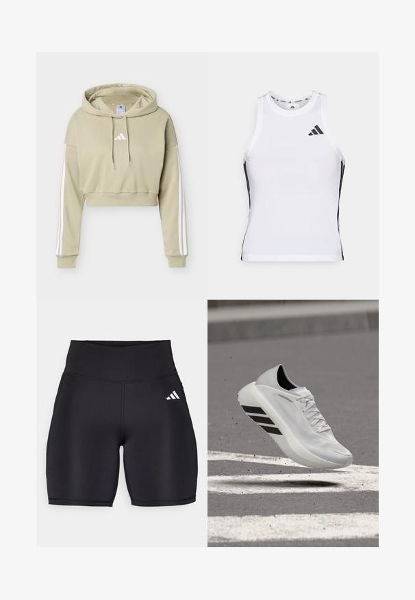 Beige cropped hoodie met wit Adidas-logo op de borst en drie witte strepen die over elke mouw lopen, voorzien van een capuchon met trekkoord.; Witte sportieve tanktop met zwarte zijaccenten en logo. Heeft een ronde halslijn en een getailleerd design, gemaakt van lichtgewicht, ademend materiaal.; Zwarte sportshorts van rekbaar materiaal, met een hoge tailleband, een gladde textuur en een wit logo met drie strepen aan de zijkant.; Witte sportschoen met zwarte strepen, half in de lucht boven asfaltweg met witte markeringen, kleine brokstukken verspreid rondom.