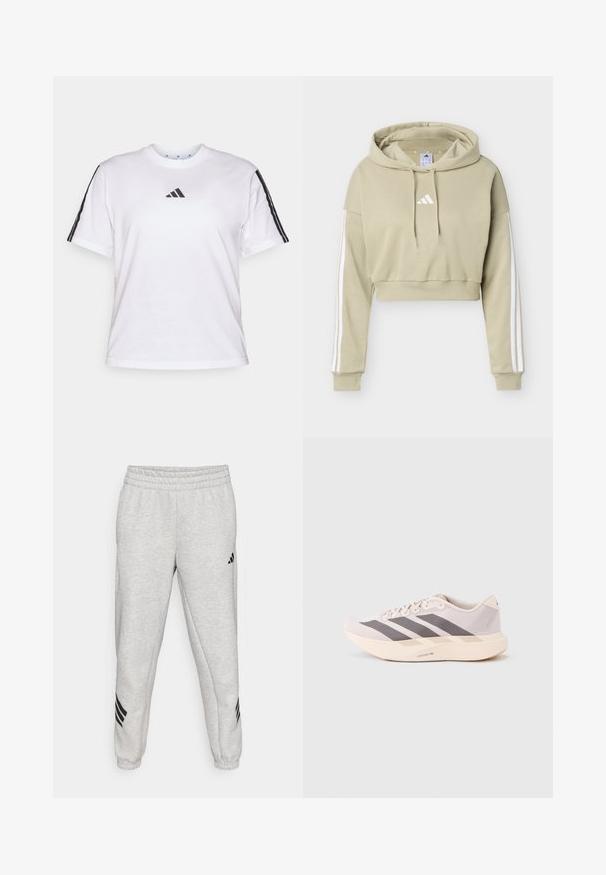 Béžová cropovaná mikina s kapucňou s bielym logom Adidas na hrudi a tromi bielymi pruhmi vedúcimi po každom rukáve, vybavená kapucňou so sťahovacou šnúrkou.; Biela bavlnená tričko s okrúhlym výstrihom, krátkymi rukávmi a čiernymi trojprúžkovými akcentmi na pleciach so značkou Adidas na hrudi.; Svetlo sivé tepláky s rebrovaným elastickým pásom, zúženými nohavicami a tromi čiernymi diagonálnymi pruhmi blízko koncov nohavíc. Hladká textúra.; Ľahké športové tenisky v bledoružovej a šedej farbe, s priedušným sieťovaným zvrškom, troma tmavými pásmi a hrubou krémovou podrážkou označenou "LIGHTSTRIKE PRO".