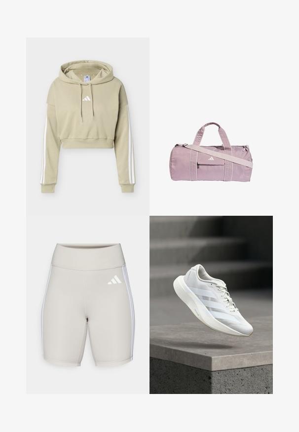 Μπεζ cropped φούτερ με λευκό λογότυπο Adidas στο στήθος και τρεις λευκές ρίγες σε κάθε μανίκι, με κουκούλα και κορδόνι.; Μπεζ αθλητικές βερμούδες με ψηλή ζώνη, απαλό υλικό, τρία λευκά λωρίδια στα πλάγια και ένα μικρό λευκό λογότυπο μπροστά.; Άσπρο αθλητικό παπούτσι με υφασμένο επάνω μέρος, τρεις πλαϊνές ρίγες, μαξιλαρωμένη σόλα και στρογγυλεμένη μύτη, τοποθετημένο πάνω σε σκυρόδεμα.; Ανοιχτό μοβ τσάντα duffel από γυαλιστερό υλικό, με δύο λαβές, αποσπώμενο λουρί ώμου και μπροστινή τσέπη με φερμουάρ και λογότυπο.
