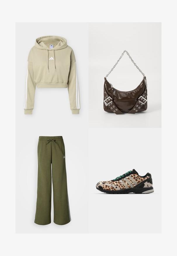 Beige cropped hættetrøje med hvid Adidas-logo på brystet og tre hvide striber ned langs hver ærme, med snørrelukning i hætten.; Olivengrønne joggers med brede ben lavet af blødt stof, med snoretræk i taljen og hvide sideløbende striber. Adidas-logo i sølv.; adidas Originals ADIZERO ADIOS OG - Sneakers - grey two/core black/court green; Mørkebrunt patentlæder håndtaske med sølv kæderekke, dekorerede dobbelte spænder og lynlås lukning.