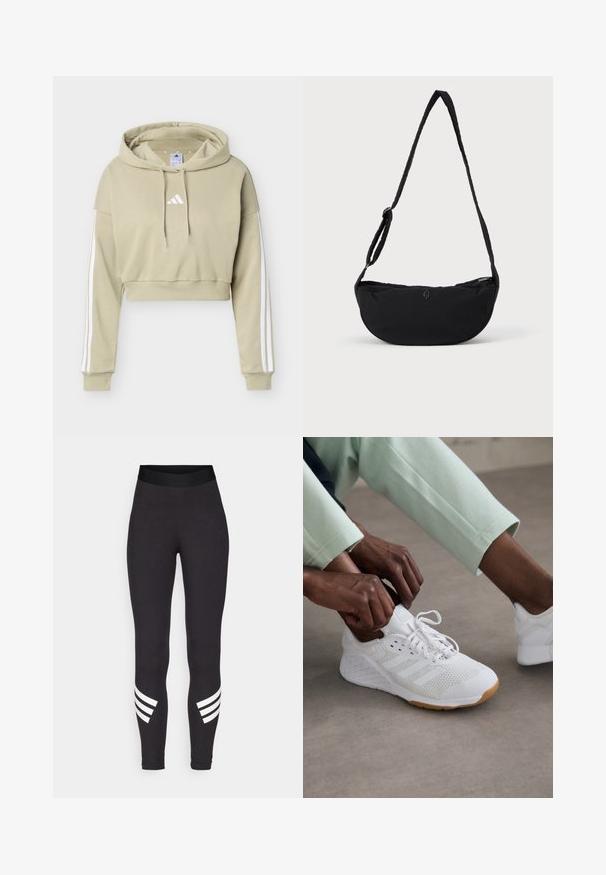 Béžová cropovaná mikina s kapucňou s bielym logom Adidas na hrudi a tromi bielymi pruhmi vedúcimi po každom rukáve, vybavená kapucňou so sťahovacou šnúrkou.; Čierne legíny vyrobené z elastického materiálu, s širokým pásom a tromi bielymi horizontálnymi pruhmi blízko dolnej časti nôh.; Biele športové topánky s hornou časťou z sieťoviny, gumovou podrážkou a dizajnom so tromi prúžkami. Šnúrky sa upravujú; viditeľné svetlošedé a mätovo zelené oblečenie.; Čierna tkaninová taška na rameno s oblým tvarom, vybavená jedným opleteným popruhom a zipsom na uzatváranie. Na prednej strane sa nachádza diskrétne logo.