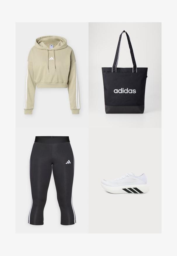 Sudadera corta beige con capucha, con logo blanco de Adidas en el pecho y tres rayas blancas que recorren cada manga, con capucha ajustable con cordones.; Leggings capri negros con una cinturilla ancha, que cuentan con franjas laterales blancas y un logo de Adidas en blanco en el muslo izquierdo. Textura suave.; Zapatilla deportiva blanca con suela gruesa, rayas diagonales negras en la entresuela, parte superior de malla y cordones, mostrada desde un lado sobre un fondo liso.; Bolsa de tote negra con el logo "adidas" en gris, hecha de un tejido duradero, con dos correas para el hombro y un panel inferior negro en contraste.