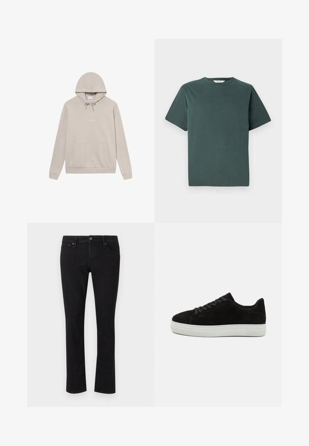 Beige pullover hoodie lavet af blød bomuldsblanding. Har en hætte med snøre, lomme foran, ribbede manchetter og minimal brandingtekst.; Mørkegrøn bomulds t-shirt med rund halsudskæring, korte ærmer og en løs pasform; glat tekstur og ingen synlige mønstre eller accenter.; Sorte denimjeans med lige snit, fem-lomme design, metalknaplukning og minimal syning. Glat tekstur hele vejen igennem.; Sort ruskinds sneaker med hvid gummisål, rund tå og sorte snørebånd. Glat tekstur med minimalistisk design og ingen synlige mønstre.
