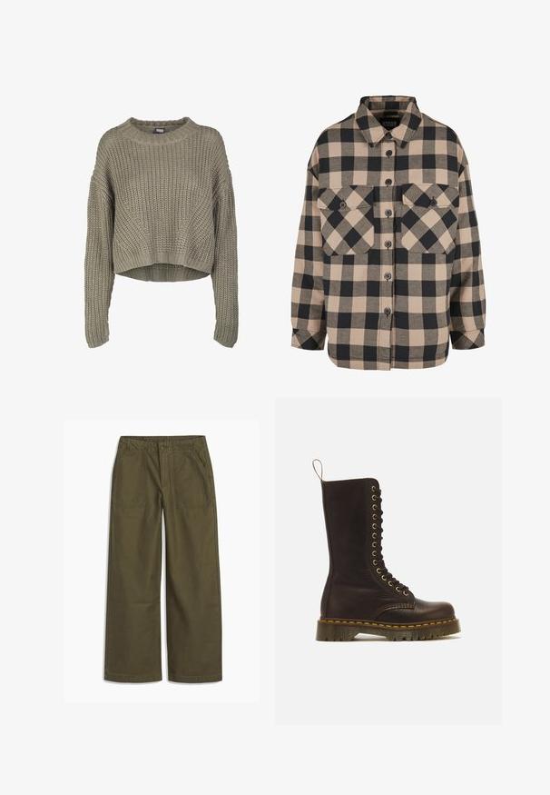 Pull en tricot cropped vert olive avec un motif texturé, col rond et manches longues. Large côtelé au niveau de l'ourlet et des poignets.; Chemise en flanelle à carreaux beige et gris foncé. Avec un devant boutonné, deux poches poitrine et un col rabattu. Design ample.; Pantalons larges vert olive avec poches avant à soufflet, fermeture par bouton et passants de ceinture, présentés à plat sur un fond blanc.; Botte haute en cuir marron foncé à lacets, couture jaune, semelle épaisse rainurée et boucle de tirage à l’arrière.