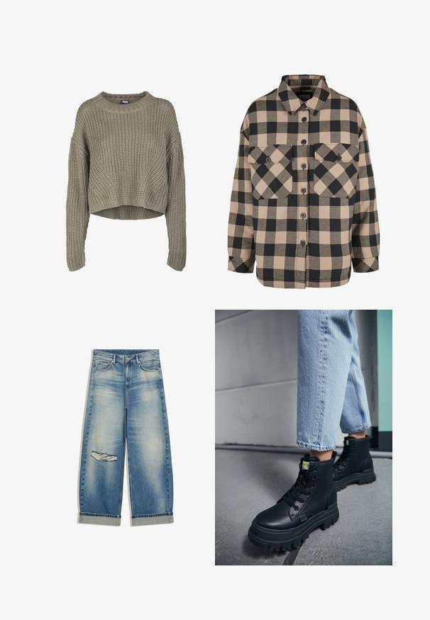 Pulover tricotat scurt de culoare verde măsliniu, cu un model texturat, decolteu rotund și mâneci lungi. Ribs groși la tiv și la manșete.; Cămașă flanelată în carouri, bej și gri închis. Are o închidere cu nasturi la front, două buzunare pe piept și un guler rabatabil. Design cu croială lejere.; Blugi largi albastru deschis cu tiv întors și o ruptură uzată pe coapsa stângă, având buzunare frontale și bucle pentru curea.; Persoană purtând blugi albastru deschis și ghete negre masive cu șireturi, stând pe un podea din beton lângă un perete.