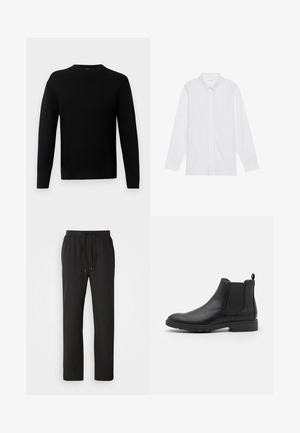Sort langærmet crew neck sweater med en tætsiddende silhuet, lavet af glat strikstof, præsenteret på en lys grå baggrund.; Hvid skjorte med tynde sorte lodrette striber, med en klassisk krave og lange ærmer med knapmanchetter.; Sorte joggerbukser lavet af letvægtsstof, med elastisk talje med justerbare snore og sidelommer. Glat tekstur.; Sort læder Chelsea-boot med elastiske sidepaneler og en løftestrop, der har en rund tå og en tekstureret gummisål.