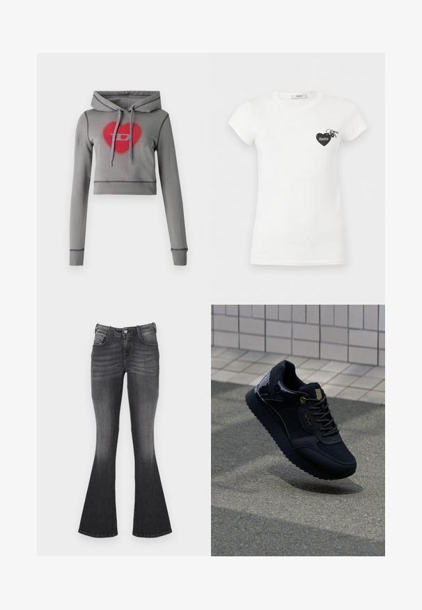 Grå cropped hættetrøje med lange ærmer, snørre i hætten og rødt hjerte- og logodesign, pyntet med rhinsten. Kontrastsyninger.; Hvid T-shirt med korte ærmer og et lille sort hjerte- og nøglemotiv på venstre bryst, med teksten "Replay Resort."; Mørkegrå vidde jeans med falmet detaljering, fremadrettet knap, bæltestropper og femlomme-design.; Sort sneakers med mesh-overdel, glinsende detaljer, guldfarvet hardware, tekstureret sål og polstret krave for komfort.