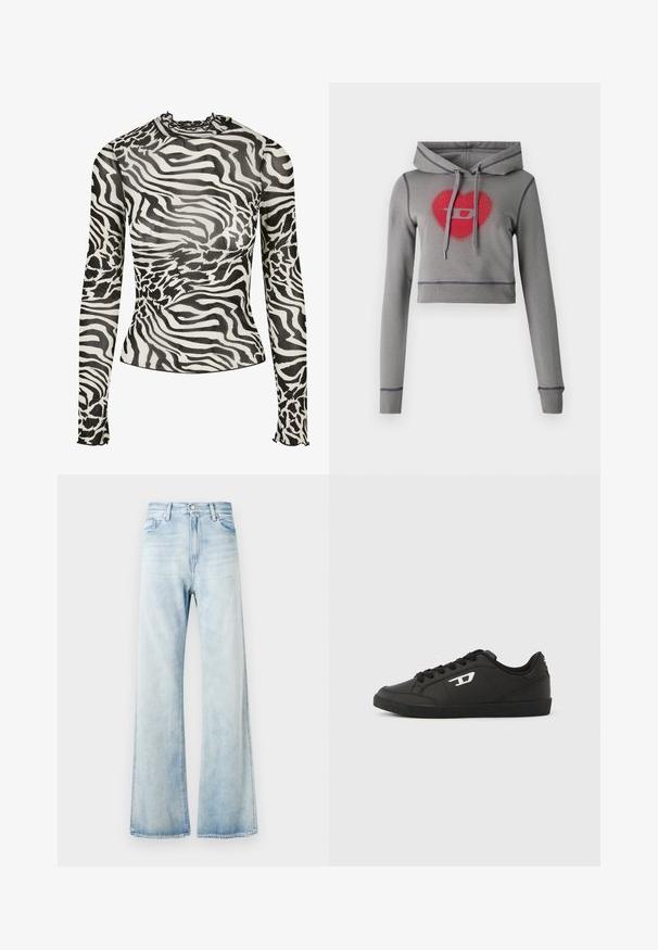 Hoodie gris court à manches longues, capuche avec cordon de serrage, orné d'un cœur rouge et d'un logo décorés de strass. Détail de couture contrastée.; T-shirt à manches longues avec un col montant, présentant un motif zèbre noir et blanc sur un tissu transparent. Accents froncés au col et aux poignets.; Jean évasé en denim bleu clair avec une taille haute, des poches avant et une fermeture par bouton. Fini délavé avec une texture lisse et des bords ourlés.; Baskets noires en matériau synthétique lisse, avec un design à basse coupe, un bout rond, une fermeture à lacets sur le devant et un détail discret de logo sur le côté.