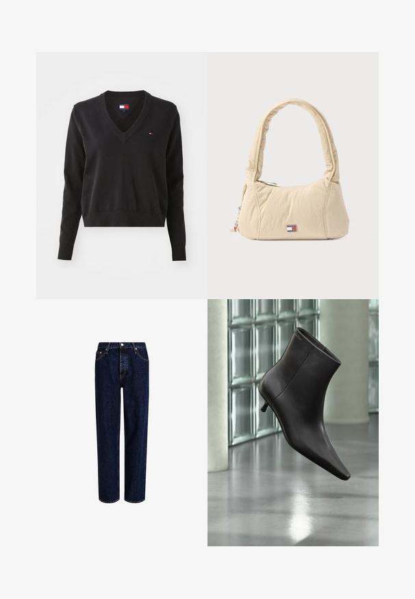 Schwarzer V-Ausschnitt-Pullover aus weichem Strickmaterial. Verfügt über lange Ärmel und ein kleines Logo auf der linken Brust. Gerippte Bündchen und Saum.; Dunkelblaue Denim-Jeans mit geradem Bein, hoher Taille, fünf Taschen und kontrastierenden Nähten. Ohne Verzierungen.; Schwarzer Leder-Knöchelstiefel mit spitzer Spitze und kleinem Absatz vor einer Wand aus Glasbausteinen und einem polierten Boden.; Schultertasche in Cremefarben aus weichem, gestepptem Stoff, mit einem geschwungenen Griff und einem Logo-Patch. Reißverschluss mit zusätzlichem Charme-Detail.
