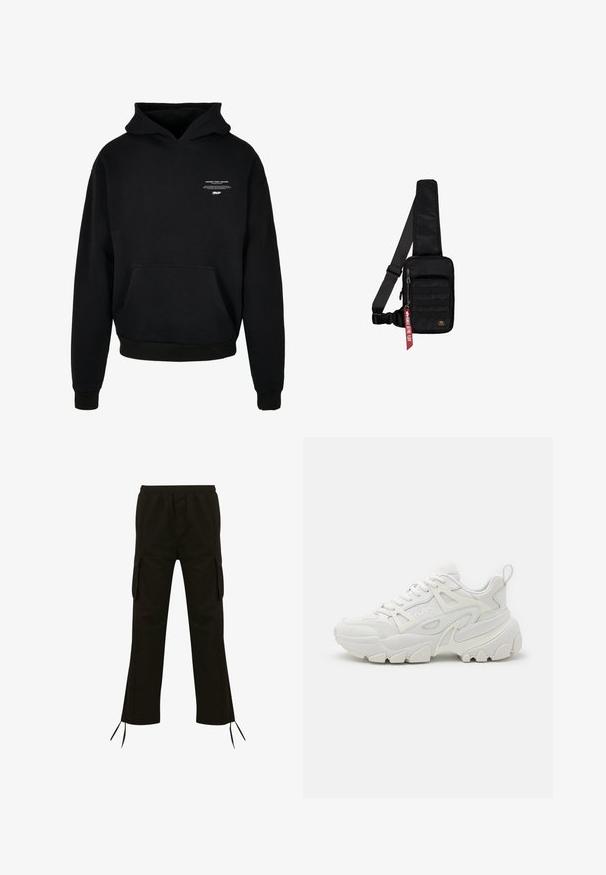 Sudadera con capucha negra hecha de tela suave, con un bolsillo canguro, puños acanalados y una pequeña impresión gráfica en el pecho.; Pantalones cargo negros con cinturilla elástica, bolsillos laterales y cordones en el dobladillo; fabricados en un tejido ligero con una textura suave.; Zapatillas deportivas blancas con un upper texturizado, paneles de malla, suela de goma prominente y recortes decorativos en los laterales.; Bolso bandolera negro hecho de tela texturizada. Cuenta con un compartimento principal con cremallera, bolsillo delantero con cinta, correa ajustable y una etiqueta decorativa.