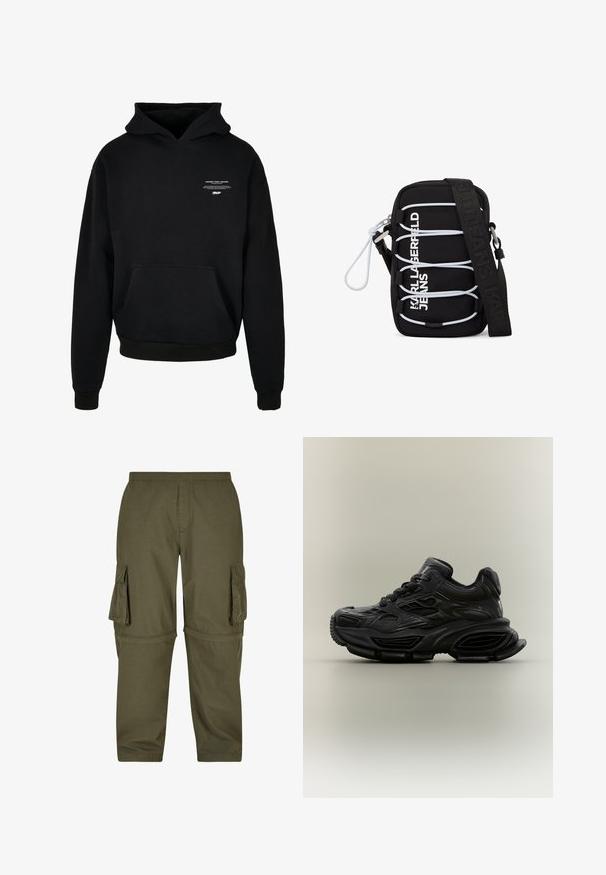 Schwarzer Kapuzenpullover aus weichem Material, mit einer Kängurutasche, gerippten Bündchen und einem kleinen grafischen Druck auf der Brust.; Olivgrüne Cargo-Hosen aus leichtem Material, mit mehreren Seitentaschen, einem elastischen Bund und einem geraden Schnitt.; Schwarzer klobiger Sneaker mit strukturiertem Design, dicker Sohle und Schnürverschluss vor schlichtem neutralem Hintergrund.; Schwarze Umhängetasche mit weißen elastischen Schnüren, silbernen Beschlägen und dem Aufdruck "KARL LAGERFELD JEANS" in Weiß auf der Vorderseite, mit breitem schwarzem Träger.