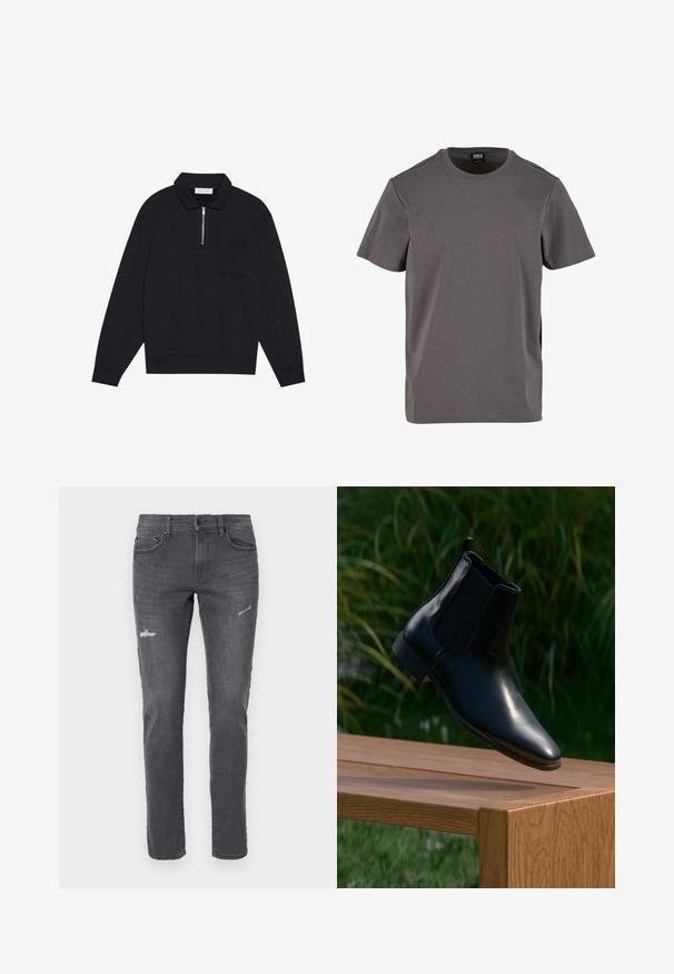 Pier One Sweatshirt - black; Graues Kurzarm-T-Shirt aus weichem Baumwollmaterial, mit Rundhalsausschnitt und entspannter Passform sowie geradem Saum. Keine sichtbaren Muster.; Dunkelgraue Jeans aus Denim mit schmalem Schnitt, versehen mit distressed Details und fünf Taschen. Klassisches Design mit subtiler Ausbleichung und geradem Bein.; Schwarze Leder-Chelsea-Boots, die über einer Holzbank schweben, mit Gras und Pflanzen im Hintergrund.