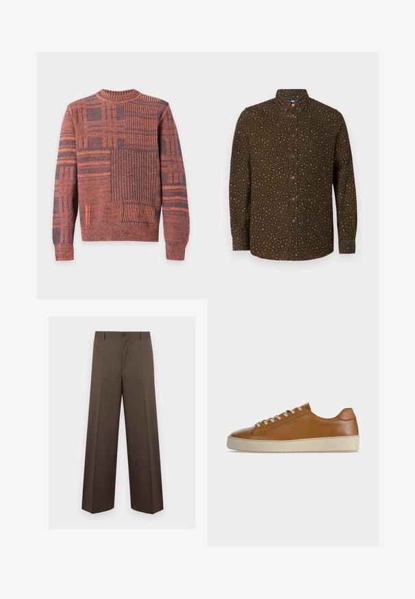 Pull en maille à manches longues avec motifs patchwork orange et gris foncé, col, poignets et ourlet côtelés.; Chemise à manches longues avec boutons, base marron foncé et petits motifs irréguliers de couleur marron clair répartis sur toute la surface.; Pantalon marron à jambes larges, coupe cintrée avec passants de ceinture et fermeture par bouton, présenté à plat sur un fond blanc.; Baskets basses en cuir marron avec lacets crème et semelle épaisse en caoutchouc crème, vues de profil sur fond blanc.