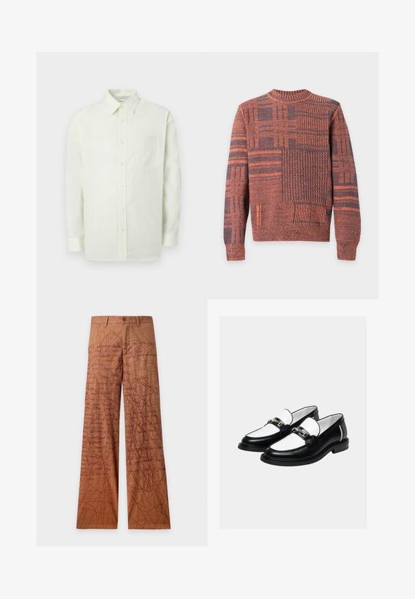 Pull en maille à manches longues avec motifs patchwork orange et gris foncé, col, poignets et ourlet côtelés.; Chemise boutonnée vert clair en tissu texturé avec col, manches longues et une poche poitrine. Design classique avec des boutons à l'avant.; Pantalon droit marron avec un motif de griffonnages et de texte manuscrit en rouge foncé sur tout le tissu.; Paire de mocassins en cuir noir et blanc avec un détail de chaîne dorée sur le dessus, sur un fond clair uni.