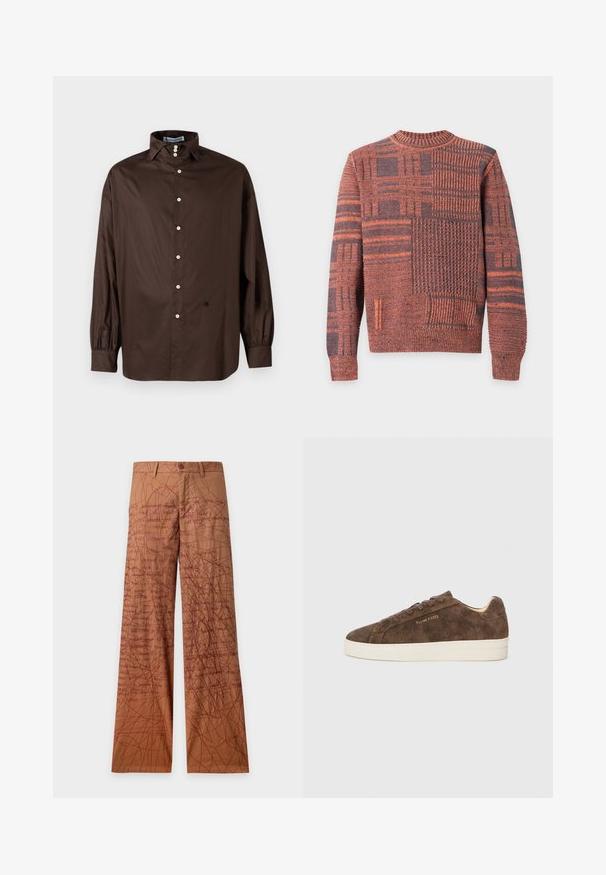 Pull en maille à manches longues avec motifs patchwork orange et gris foncé, col, poignets et ourlet côtelés.; Chemise longue à manches marron en tissu lisse avec un col classique, fermeture à boutons sur le devant et poignets élastiqués ; présente un détail logo subtil.; Pantalon droit marron avec un motif de griffonnages et de texte manuscrit en rouge foncé sur tout le tissu.; Baskets en daim marron avec une silhouette basse, un bout arrondi et une semelle en caoutchouc blanc. Elles présentent des lacets foncés et un logo discret sur le côté.