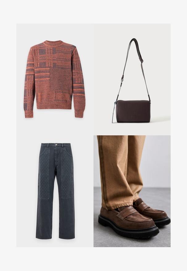 Langærmet strikket sweater med orange og mørkegrå patchworkmønstre og ribbet halsudskæring, manchetter og kant.; Mørkegrå jeans med bred benudskæring, der har dekorative lapper på forsiden med et subtilt blomstermønster og standardlomme-detaljering.; Brune ruskind loafers med en tykk sort gummisål og dekorativ remdetalje. Båret med beige bukser.; Mørkebrun textured læder crossbody taske med justerbar rem og lille dekorativ blå accent på siden.