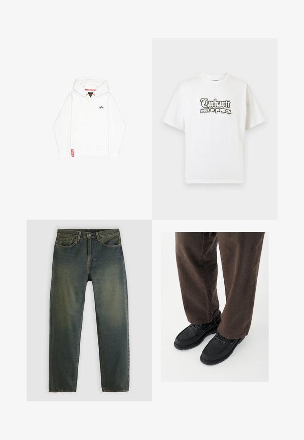 Sweatshirt à capuche blanche avec une poche avant, fermeture à cordon et un petit logo noir sur la poitrine. Présente une étiquette rouge sur l'ourlet.; T-shirt blanc à manches courtes avec texte noir de style gothique « Carhartt work in progress » centré sur la poitrine.; Jean en denim vert foncé avec design à cinq poches, fermeture par bouton, et coupe droite, présenté sur un fond clair uni.; Chaussures en cuir noir avec une finition lisse, bout arrondi et design à lacets, associées à un pantalon marron texturé. Vue en contre-plongée.
