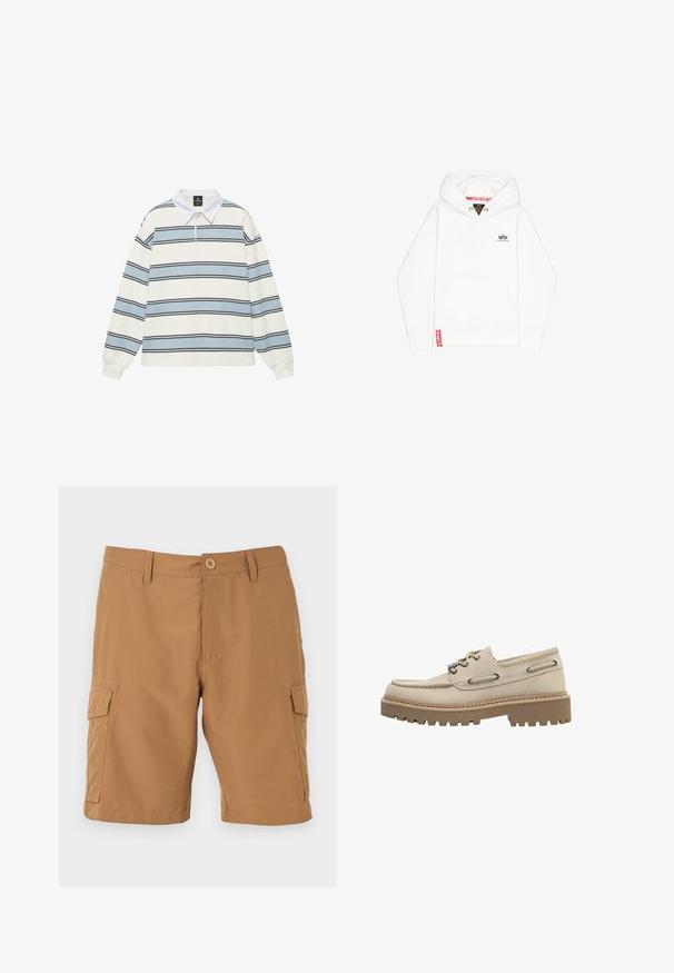 Sweatshirt à capuche blanche avec une poche avant, fermeture à cordon et un petit logo noir sur la poitrine. Présente une étiquette rouge sur l'ourlet.; Polo à manches longues avec col blanc et rayures horizontales en bleu clair, blanc et fines lignes noires.; Short cargo beige pour homme avec fermeture à boutons, passants de ceinture et deux poches latérales à rabat, présenté sur fond blanc.; Chaussure bateau à lacets en cuir beige avec semelle épaisse à crampons marron, coutures mocassins au niveau de la pointe, détails de lacets latéraux et œillets métalliques.