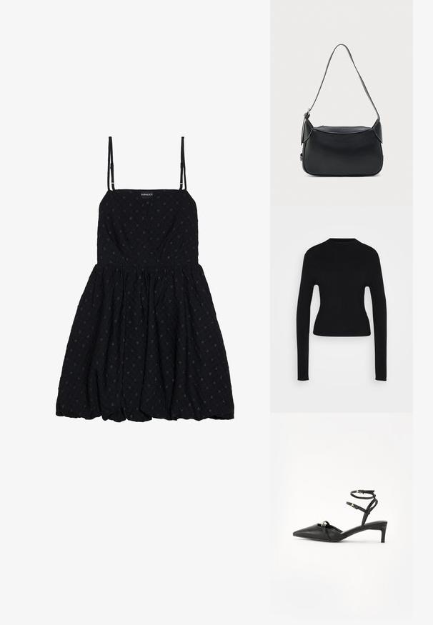 Pull long à manches longues en maille ribbed noire ajustée avec un col rond haut et un ourlet légèrement court sur fond blanc.; Even&Odd Robe de soirée - black; Talons hauts slingback en cuir noir avec un orteil pointu, de fines lanières autour de la cheville, des accents en métal doré et un talon fin. Texture lisse et design minimal.; Sac à bandoulière en cuir noir avec une texture lisse, une forme arrondie et une fine bandoulière. Il dispose d'une fermeture éclair et d'accents matériels minimalistes.