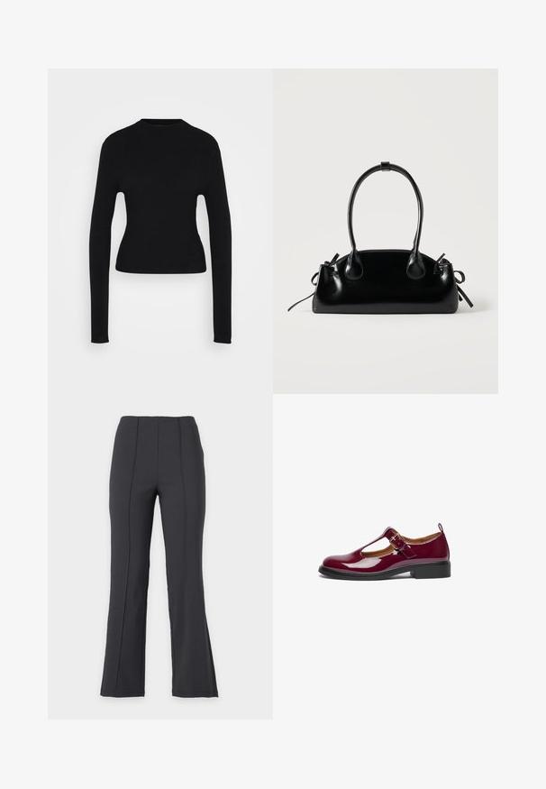 Pull long à manches longues en maille ribbed noire ajustée avec un col rond haut et un ourlet légèrement court sur fond blanc.; Pantalon noir taille haute à jambe droite avec coutures verticales sur le devant, présenté sur un fond uni clair, sans fermetures ni poches visibles.; Chaussure Mary Jane en cuir verni bourgogne avec un bout arrondi, une bride T, une boucle ajustable et un petit talon carré. Texture lisse et design simple.; Petit sac à main noir brillant avec deux longues anses et des détails à cordon sur les côtés sur un fond clair uni.