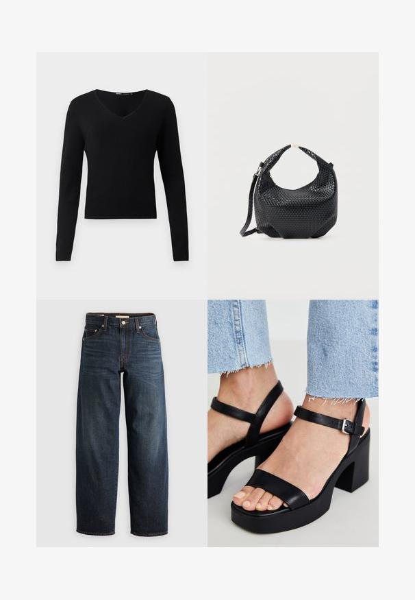 Zwarte aansluitende trui met V-hals en lange mouwen, geribde zoom en manchetten op een effen lichtgrijze achtergrond.; Donkerblauwe jeans van denim, met een recht model, vijf-pocketstijl en stiksels met een knoopsluiting.; ALDO CELIE - Sandalen met hoge hak - black; Zwart gevlochten lederen handtas met korte handgreep en afneembare schouderriem, getoond tegen een effen lichte achtergrond.