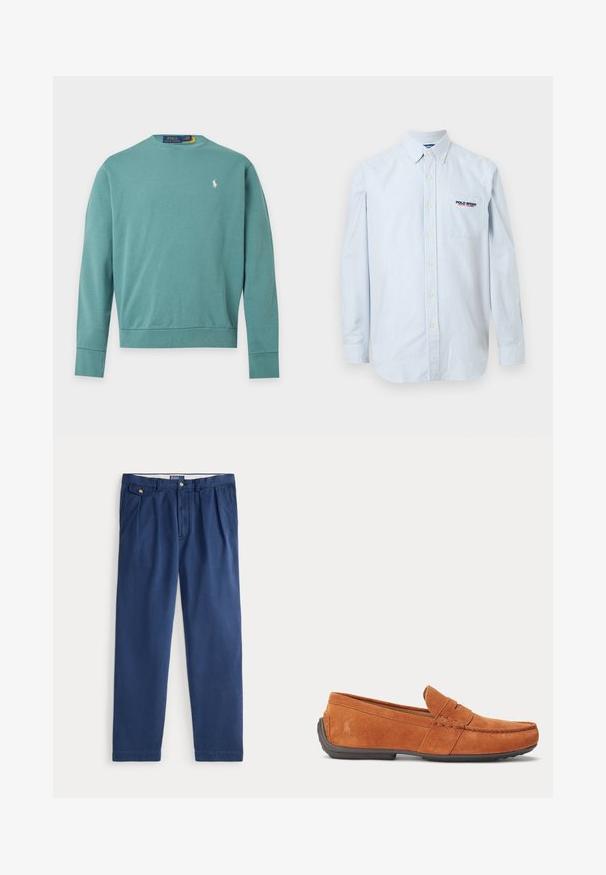Lange mouwen teal crewneck sweatshirt met klein wit Polo Ralph Lauren-logo op de linkerborst tegen een lichte achtergrond.; Lichtblauw-wit gestreept overhemd met lange mouwen en knopen, met een geknoopt kraagje en het logo "Polo Sport Ralph Lauren" op de borstzak.; Marineblauwe casual broek met een met knopen gesloten zakklep aan de rechterkant, voorzakken en riemlussen.; Bruine suède herensloffen met stikseldetails, een gleuf voor munten op het bovenwerk en een donkere rubberen zool.