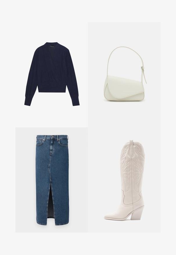 Marineblå indpakningsstrik med lange ærmer, V-hals og ribbede manchetter. Blødt stof med en glat tekstur og en tætsiddende taljedesign.; Denim blyantskirt i mellemblå med en frontslids, klassisk fem-lomme design og knaplukning i taljen. Glat tekstur.; Hvide læder cowboystøvler med spidse tæer og blokhæle. Har intrikate syninger på skaftet og en glat tekstur.; Hvid taske i faux læder med en struktureret trekantet form, enkelt justerbart skulderstrop og en flaplås med kurver.