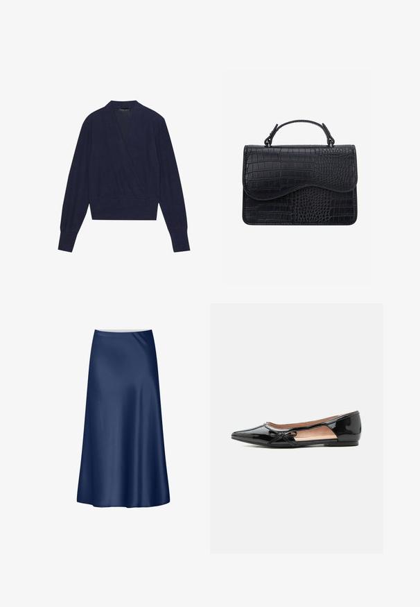 Suéter envolvente azul marino con mangas largas, escote en V y puños acanalados. Tejido suave con una textura lisa y un diseño ceñido en la cintura.; Falda A-line de satén en Navy con una textura suave, un diseño fluido y un corte de longitud media. Presenta una cinturilla limpia sin acentos adicionales.; Zapato plano puntiagudo de charol negro con corte lateral y pequeño lazo decorativo en el borde exterior.; Bolso de mano negro de cuero con textura de cocodrilo, forma rectangular, solapa curva y asa corta en la parte superior.