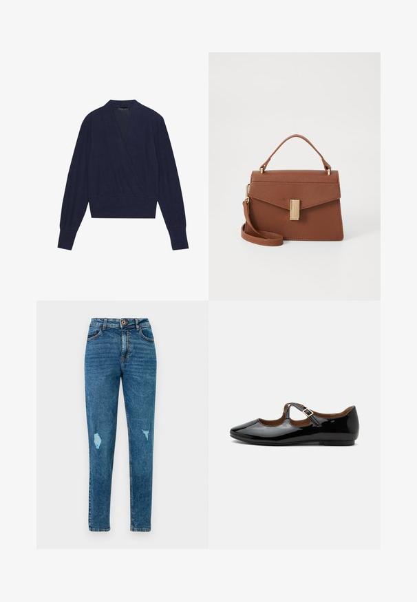 Marineblaue Wickelstrickjacke mit langen Ärmeln, V-Ausschnitt und gerippten Bündchen. Weicher Stoff mit einer glatten Textur und einem taillierten Design.; Blaue Skinny-Jeans mit hoher Taille und Used-Details an Oberschenkeln und Taschen, mit Knopf- und Reißverschluss.; Schwarzer Mary Jane flacher Schuh aus Lackleder mit zwei Ausstanzungen und einem goldfarbenen Schnallenriemen auf weißem Hintergrund.; Braune Kunstleder-Handtasche mit strukturiertem Design, Obergriff, abnehmbarem Tragegurt und goldfarbenem Verschluss. Texturierte Oberfläche mit schräger Klappe.