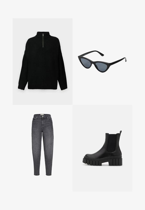 Suéter negro de punto con cuello alto y un zipper corto; presenta un corte holgado y una tela texturizada.; Vaqueros de corte ajustado, de talle alto, lavados en negro, con bolsillos delanteros, trabillas para cinturón y cierre de botón.; Bota Chelsea de cuero negro con suela plataforma gruesa y estriada y paneles laterales elásticos, mostrada sobre un fondo claro y liso.; Gafas de sol negras en forma de ojo de gato con lentes gris oscuro, marco de plástico elegante, esquinas puntiagudas y patillas rectas. Sin herrajes ni acentos visibles.