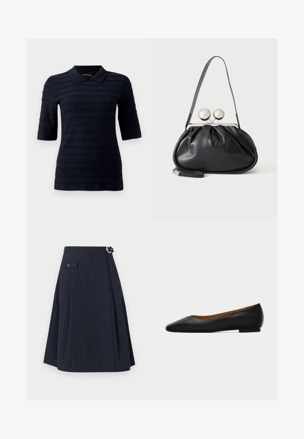 Marineblå poloshirt med korte ærmer og et struktureret mønster af hævede vandrette striber; har en klassisk krave og bølget kant.; Marineblå A-formet nederdel med knaplukning på siden, med en forlommer og et glat, let stof med en let glans.; Sort læder flad sko med spids tå, lav hæl og glat finish, vist fra siden på en lysegrå baggrund.; Sort læderhåndtaske med opsamlet design, en enkelt rem, sølv metalramme og to store runde sølv lukninger.