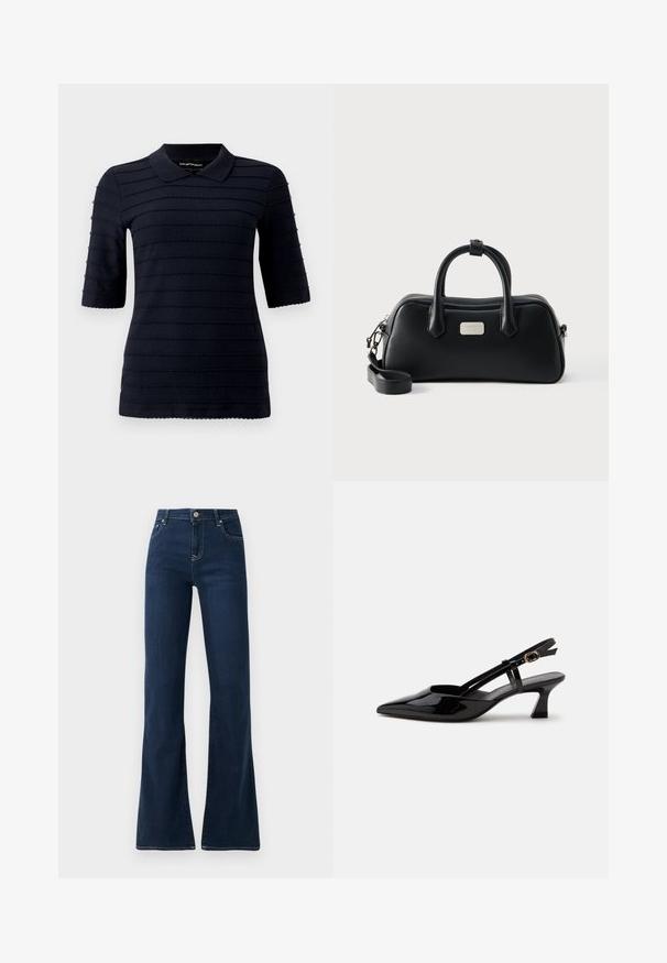 Marineblå poloshirt med korte ærmer og et struktureret mønster af hævede vandrette striber; har en klassisk krave og bølget kant.; Mørkeblå flagrende jeans med høj talje, lavet af denimstof. Har to forlommer og kontrastsyninger langs sømmen.; Sort laklæderslingback med lille hæl, spids tå og justerbar guldlåsrem på hvid baggrund.; Sort rektangulær læderhåndtaske med to håndtag, aftagelig skulderrem og lille sølvfarvet brandlogo-plakette foran.