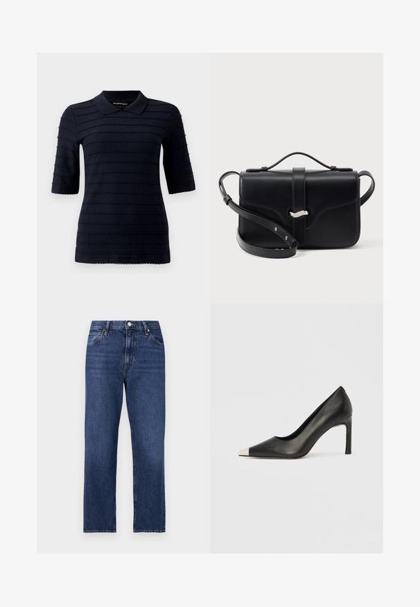 Marineblå poloshirt med korte ærmer og et struktureret mønster af hævede vandrette striber; har en klassisk krave og bølget kant.; Denim jeans i en mørkeblå vask. Lige ben-design med fem-lomme stil, front lukning med knap og kontrasterende syning.; Sort læder højhælet sko med spids tå og metal-sølv hætte. Har en glat finish og en slank hæl på 10 cm.; Sort lædertaske med topstykke, sølvspænde og justerbar skulderrem på hvid baggrund.