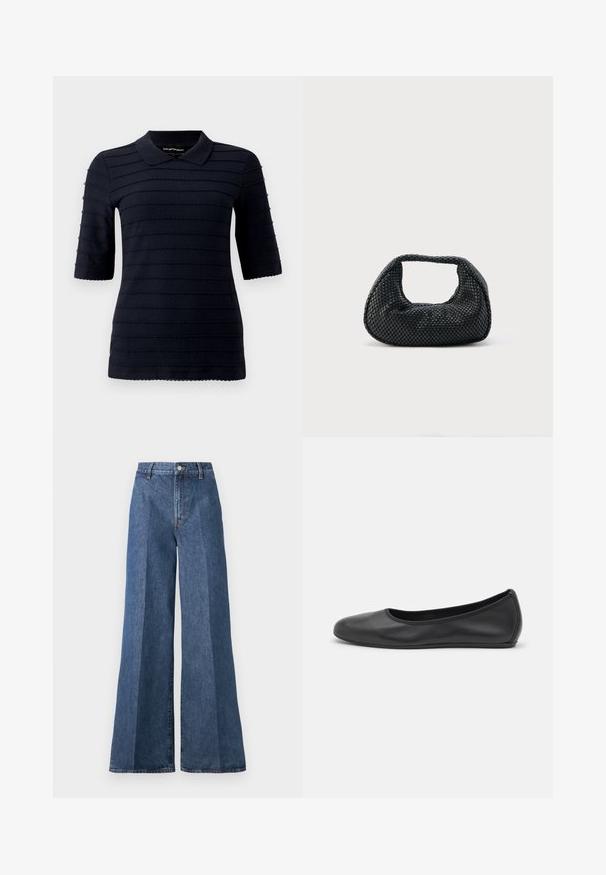Marineblå poloshirt med korte ærmer og et struktureret mønster af hævede vandrette striber; har en klassisk krave og bølget kant.; Bredde ben blå denim jeans med høj talje, med klassisk fem-lomme stil og knaplukning, lavet af struktureret bomstof.; Sort læderballetsko med rund tå, glat tekstur, minimal syning og et fleksibelt såldesign.; Sort flettet hobo-taske med blød struktur og integreret håndtag, vist på en ensfarvet lys baggrund.