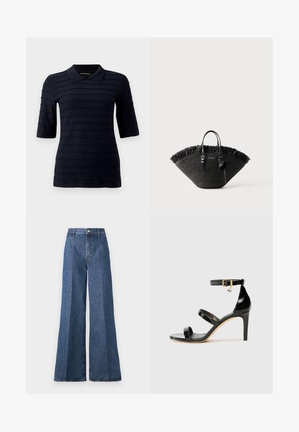 Marineblå poloshirt med korte ærmer og et struktureret mønster af hævede vandrette striber; har en klassisk krave og bølget kant.; Bredde ben blå denim jeans med høj talje, med klassisk fem-lomme stil og knaplukning, lavet af struktureret bomstof.; Sorte patenterede lædersandaler med tre stropper, ankelspænde og 10 cm stiletthæl. Har detaljer i guld og et logo charms.; Sort vævet tote-taske med bred blæserform, frynset øverste kant, to håndtag og en dekorativ sløjfe på det ene håndtag.