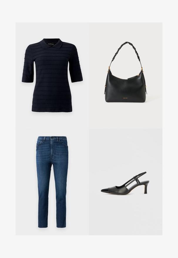Marineblå poloshirt med korte ærmer og et struktureret mønster af hævede vandrette striber; har en klassisk krave og bølget kant.; Blå slim-fit jeans med klassisk fem-lomme design og knaplukning, med subtil fading og ren lige ben skæring.; Sort læder slingback-sko med spids tå, der har en blank accent på tåhætten og en mellemhøj hæl. Åben sidesektion.; Sort læderhåndtaske med flettet hank, guldbeslag og mærkenavnet "Vanessa Bruno" i guld nær bunden, vist på hvid baggrund.