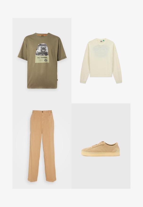 Cremefarbener Pullover aus weichem Strickstoff mit Rundhalsausschnitt, überschnittenen Schultern und geripptem Saum sowie Bündchen.; Grünes Baumwoll-T-Shirt mit kurzen Ärmeln, das einen grafischen Aufdruck eines Fahrzeugs und den Text "ALL-TERRAIN" auf einem quadratischen Patch zeigt.; Beige weite Hose aus weichem Stoff, mit zwei frontalen Taschen, einem Knopfverschluss und Bügelfalten entlang der Beine.; Beiger Wildleder-Sneaker mit flacher Silhouette, dicker Kautschuksohle, Schnürverschluss und dezentem seitlichem Branding vor einem schlichten hellgrauen Hintergrund.