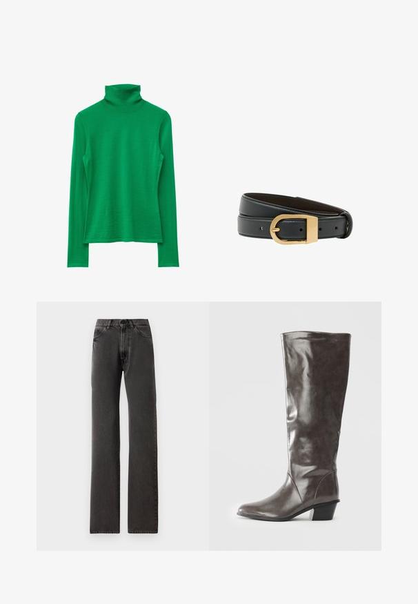 Grøn rullekrave sweater lavet af blødt strikket stof, med lange ærmer og en kropsnær pasform, samt en høj hals.; Sorte straight-leg jeans med forlommer, bæltestropper, knaplukning og synlig syning på en hvid baggrund.; Høje kvinders mørkegrå læderstøvle med en mellem høj hæl og rund tå, vist fra siden på en hvid baggrund.; Sort læderbælte med guld rundet rektangulær spænde, med flere justeringshuller og glat syede kanter.