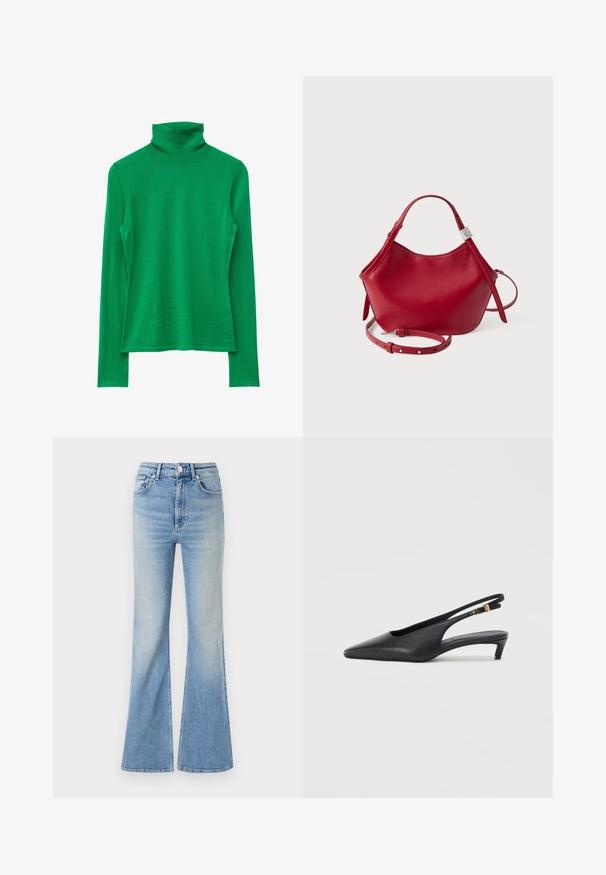 Grøn rullekrave sweater lavet af blødt strikket stof, med lange ærmer og en kropsnær pasform, samt en høj hals.; Lyseblå flared jeans lavet af denim, med høj talje, fem-lommekonstruktion og en subtil gradientafblegning mod kanten.; Sorte slingback-pumps med spids tå, glat lædertekstur, en lav kitten heel og et bånd med en metalspænde.; Rød læderhåndtaske med en blød tekstur, buet design, korte håndtag og en justerbar rem. Har en sølvfarvet trekantsdetalje.