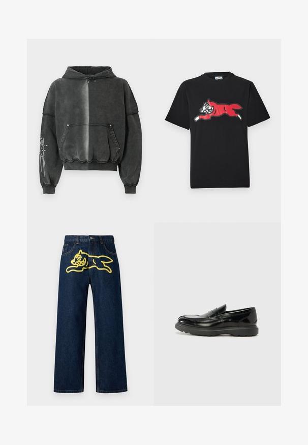 Sweat à capuche noir surdimensionné avec un effet dégradé, comprenant une poche frontale, des poignets côtelés et un motif graphique détaillé sur la manche. Matière douce.; T-shirt en coton noir avec un graphisme rouge et blanc représentant un chat de dessin animé sautant, aux traits exagérés, sur un fond uni.; Jean en denim bleu foncé avec un grand motif jaune d'un personnage en train de sauter sur la poche arrière. Design à jambes droites avec couture standard.; Mocassin en cuir noir avec une finition brillante, bout arrondi, détails de couture subtils et semelle en caoutchouc épaisse pour la durabilité.