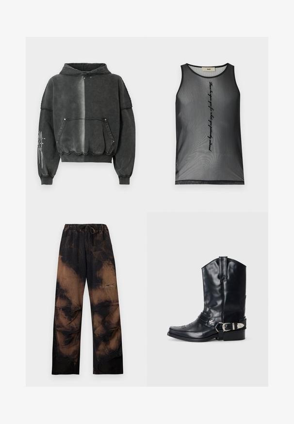 Sweat à capuche noir surdimensionné avec un effet dégradé, comprenant une poche frontale, des poignets côtelés et un motif graphique détaillé sur la manche. Matière douce.; Débardeur noir en maille sans manches avec un texte cursif vertical au centre indiquant « Please be upon you for what's your positivity outward. »; Pantalon ample tie-dye noir et marron avec taille élastique et cordon, avec une texture gaufrée et jambes larges et droites.; Botte de cowboy en cuir noir avec un bout pointu, une tige haute, des coutures décoratives et une quincaillerie en argent sur la sangle. Fini texturé.
