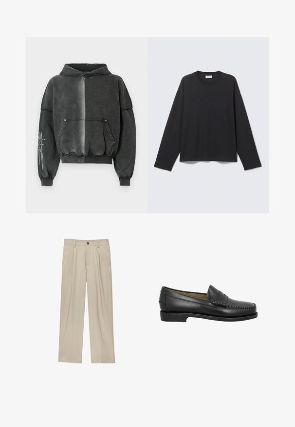 Sort oversized hættetrøje med gradient-effekt, der har en forlommelomme, ribstrikkede manchetter og detaljeret grafisk tryk på ærmet. Blødt materiale.; Sort langærmet t-shirt med rund hals og enkel, løs pasform, vist fladt mod en lys grå baggrund.; Beige bukser med lige snit, der har en enkelt sort knap, bæltestropper og sidelommer. Glat stoftekstur og minimalistisk design.; Sorte læder loafersko med en rund tå, dekorativ syning og en lav, flad sål. Glat tekstur, minimalistisk design uden udsmykninger.