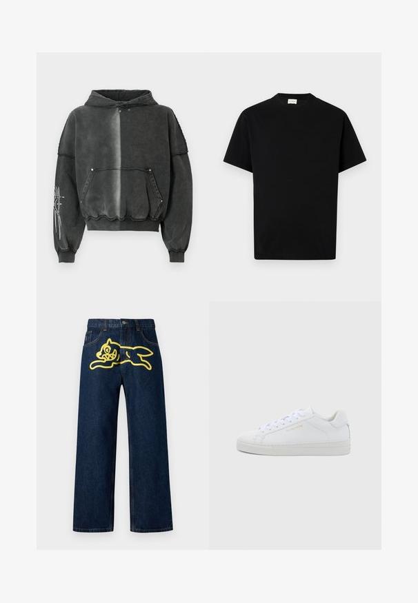 Sort oversized hættetrøje med gradient-effekt, der har en forlommelomme, ribstrikkede manchetter og detaljeret grafisk tryk på ærmet. Blødt materiale.; Sort bomuld t-shirt med rund hals, korte ærmer og lige snit. Ingen synlige mønstre eller hardwaredetaljer.; Mørkeblå denim jeans med et stort gult grafisk motiv af en springende karakter på baglommen. Lige ben design med standard syninger.; Hvide sneakers i lav model og læder med rund snude, flade snørebånd, tekstureret sål og diskret guldfarvet logo på siden. Glat overflade og minimalistisk design.
