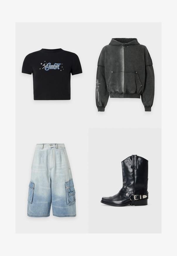 Sort oversized hættetrøje med gradient-effekt, der har en forlommelomme, ribstrikkede manchetter og detaljeret grafisk tryk på ærmet. Blødt materiale.; Sort cropped t-shirt lavet af bomuld med en rund halsudskæring, prydet med et blåt og hvidt "GmbH" logo omgivet af små stjerner, trykt på forsiden.; Lyseblå denim cargoshorts med flere klaffelommer og knaplukninger, med høj talje og vid pasform.; Sort læder cowboystøvle med spidse tæer, høj skaft, dekorativ stitching og sølv spændehardware på remmen. Tekstureret overflade.